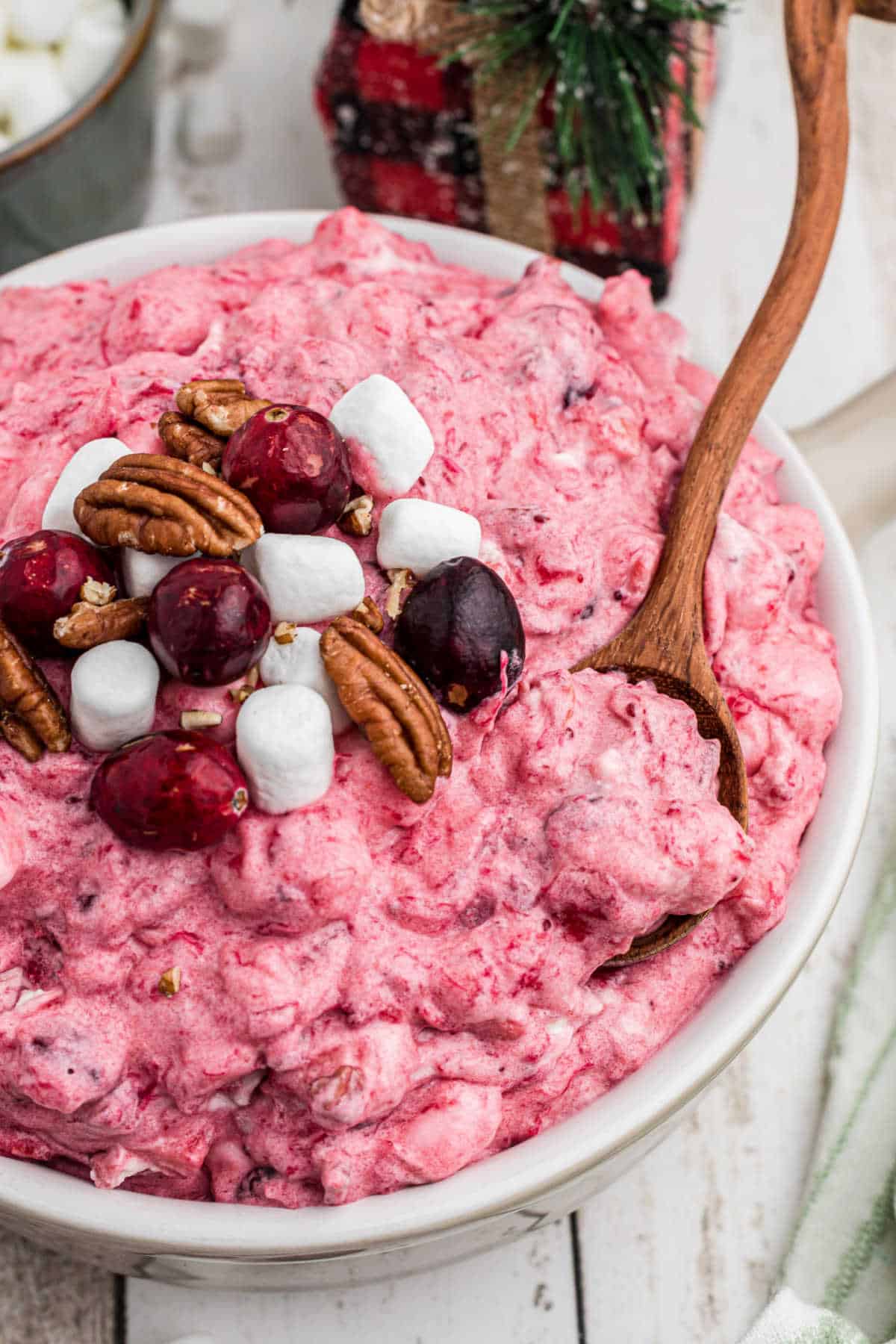 A close up of a bowl of cranberry salad with a spoon digging into it.