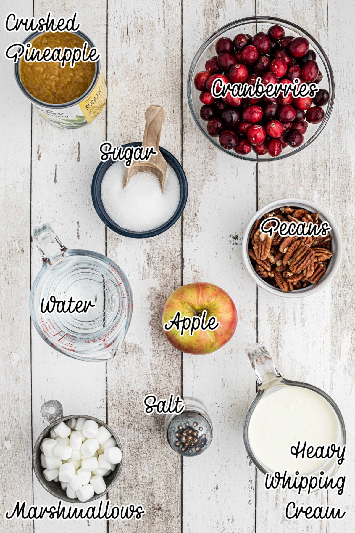 Overhead image of ingredients needed to make a cranberry salad.