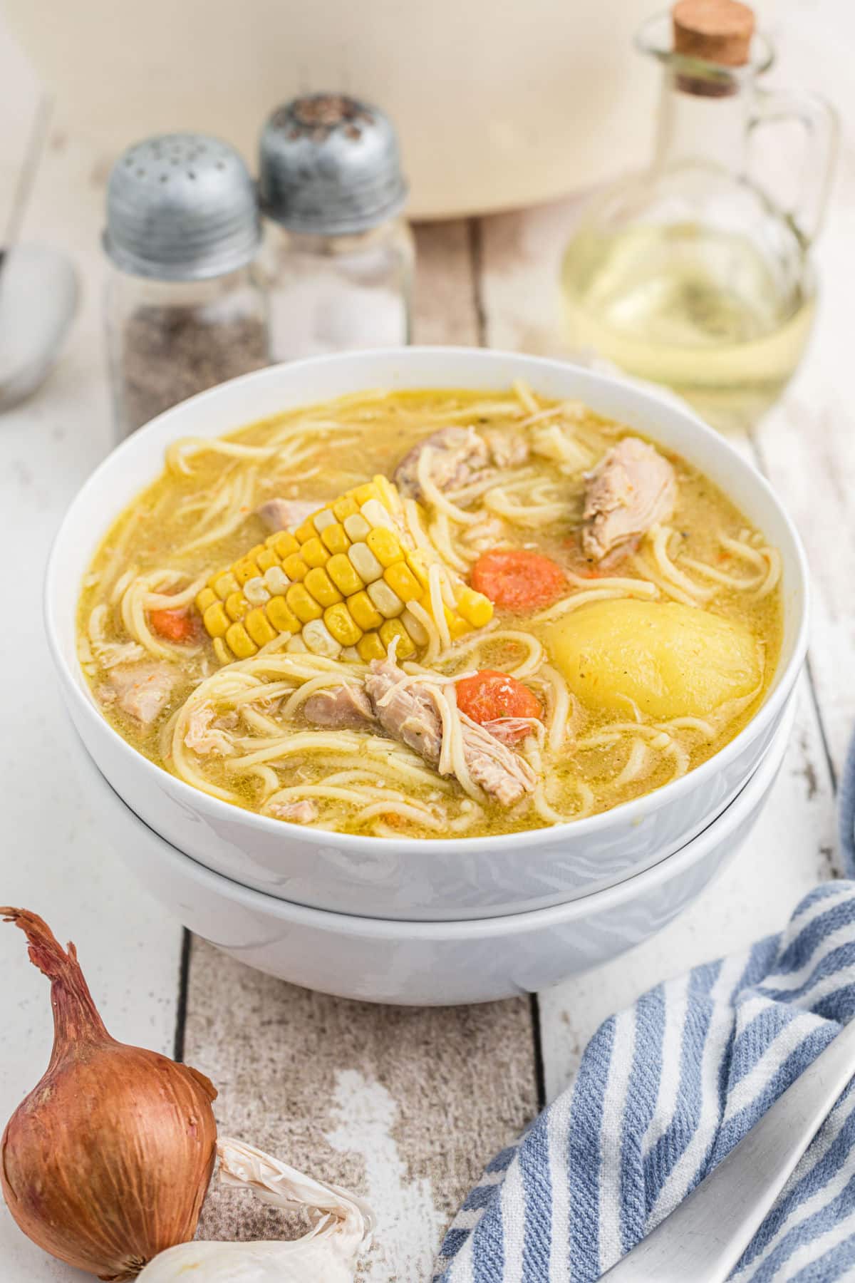 A dished out bowl of cuban Chicken Soup.