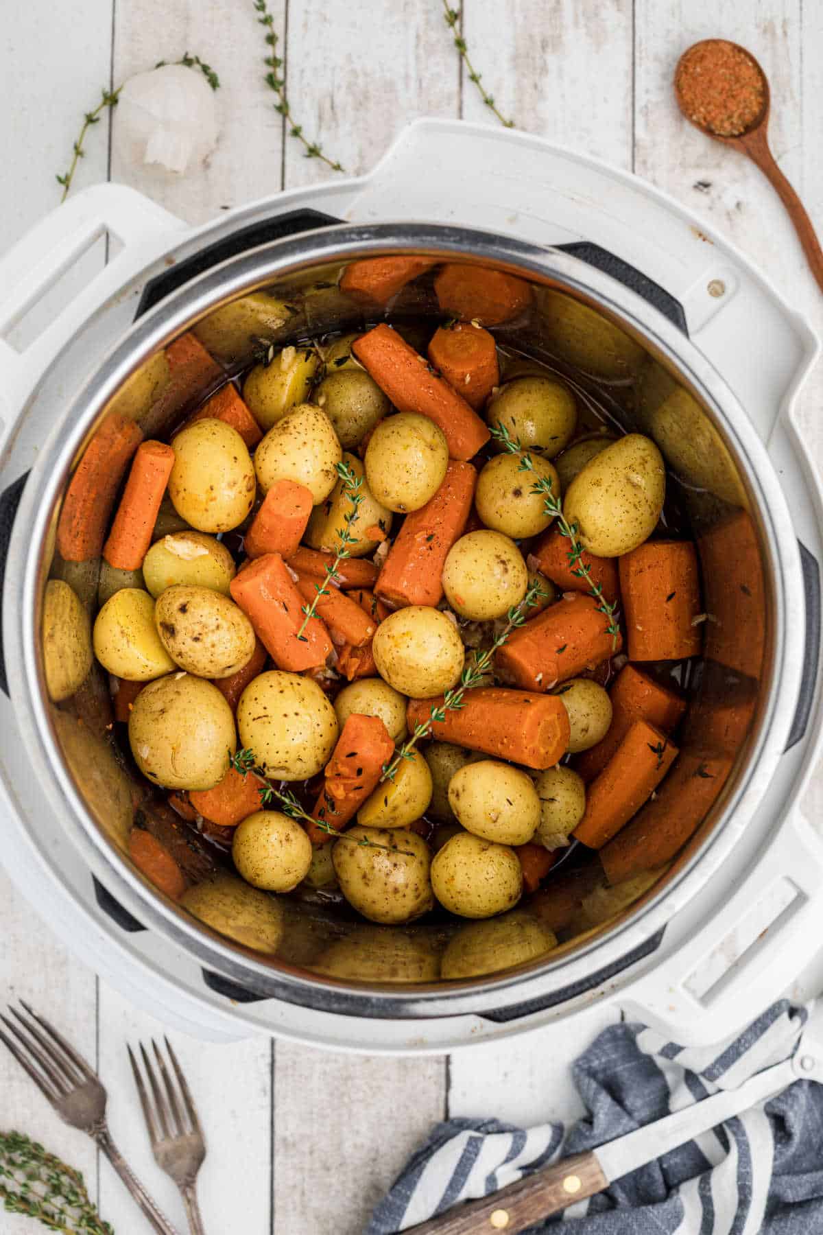 Overhead shot of an instant pot potatoes and carrots recipe.