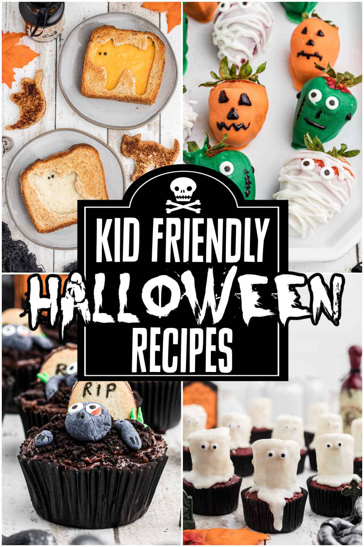 A collage of four images showing kid friendly halloween recipes.