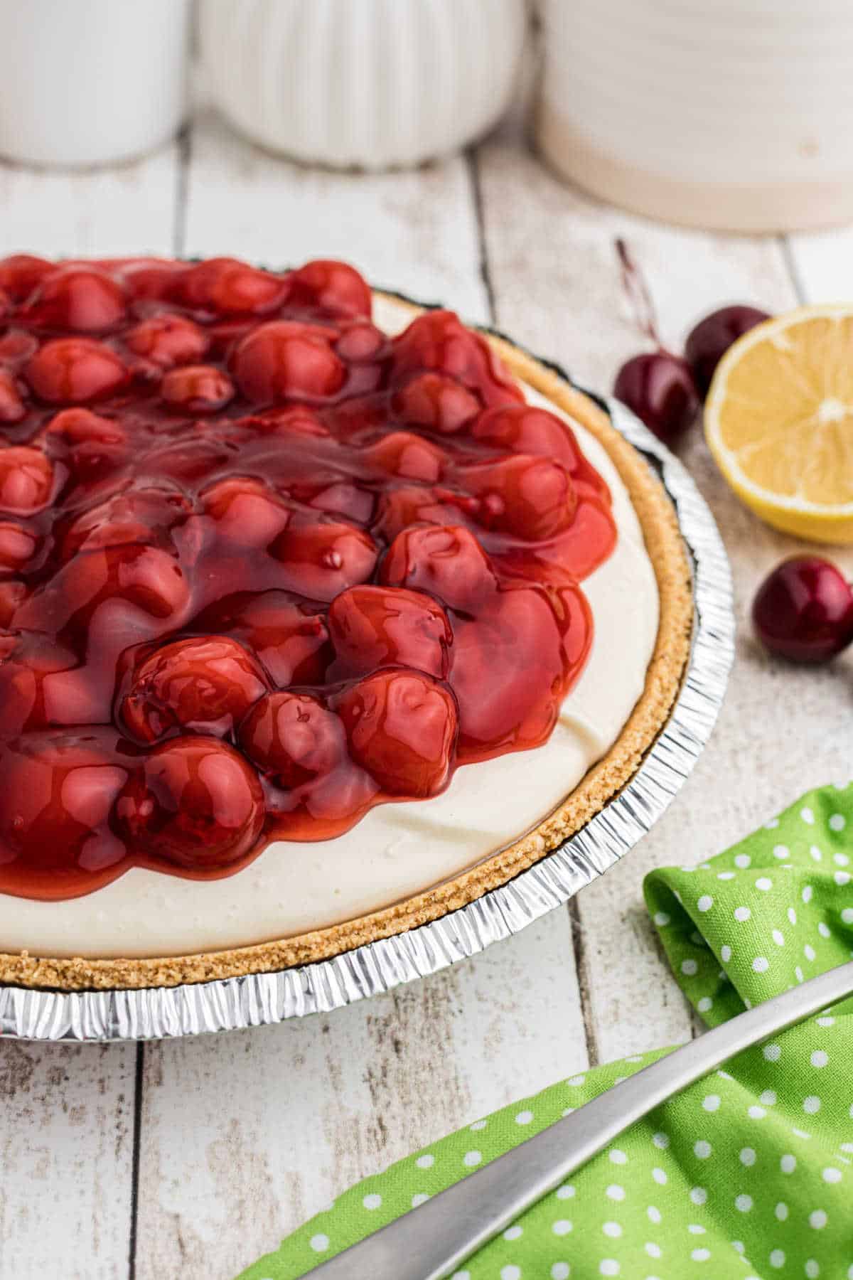 Side on view of a no bake cherry pie.