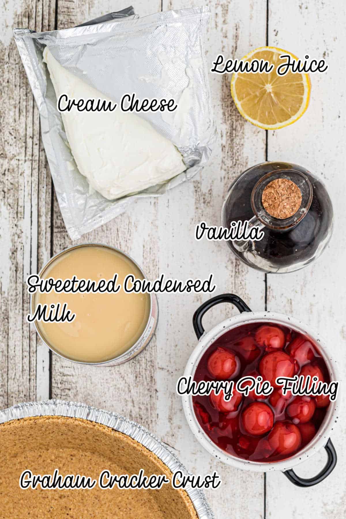 Overhead shot of ingredients needed to make a no bake cherry pie.