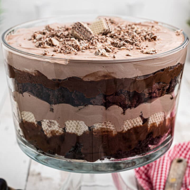 Cropped square image of a trifle dish with nutella trifle.