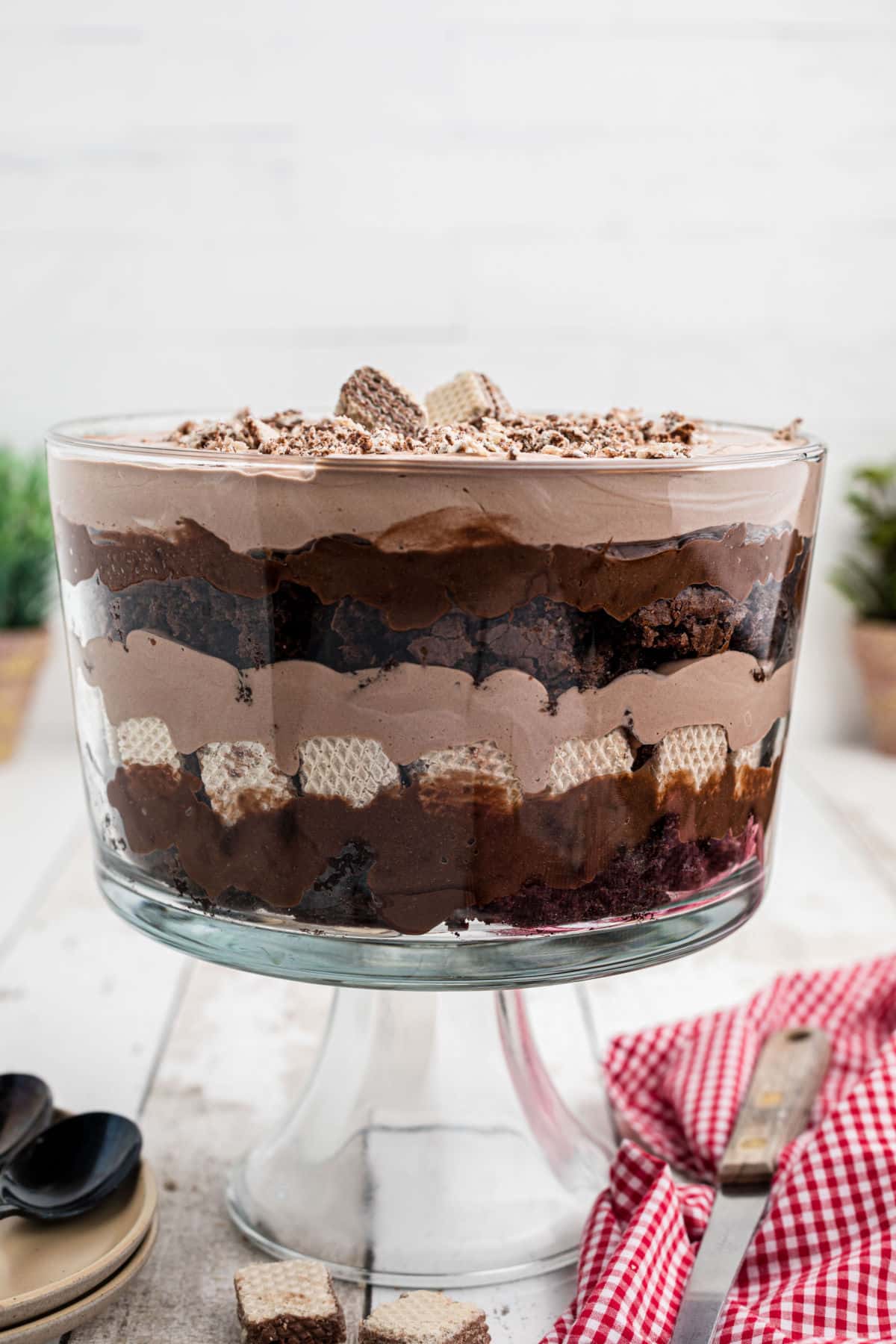 A trifle dish full of nutella trifle, layers of brownies, nutella chocolate, nutella flavored cream, hazelnut cookies and chocolate pudding.