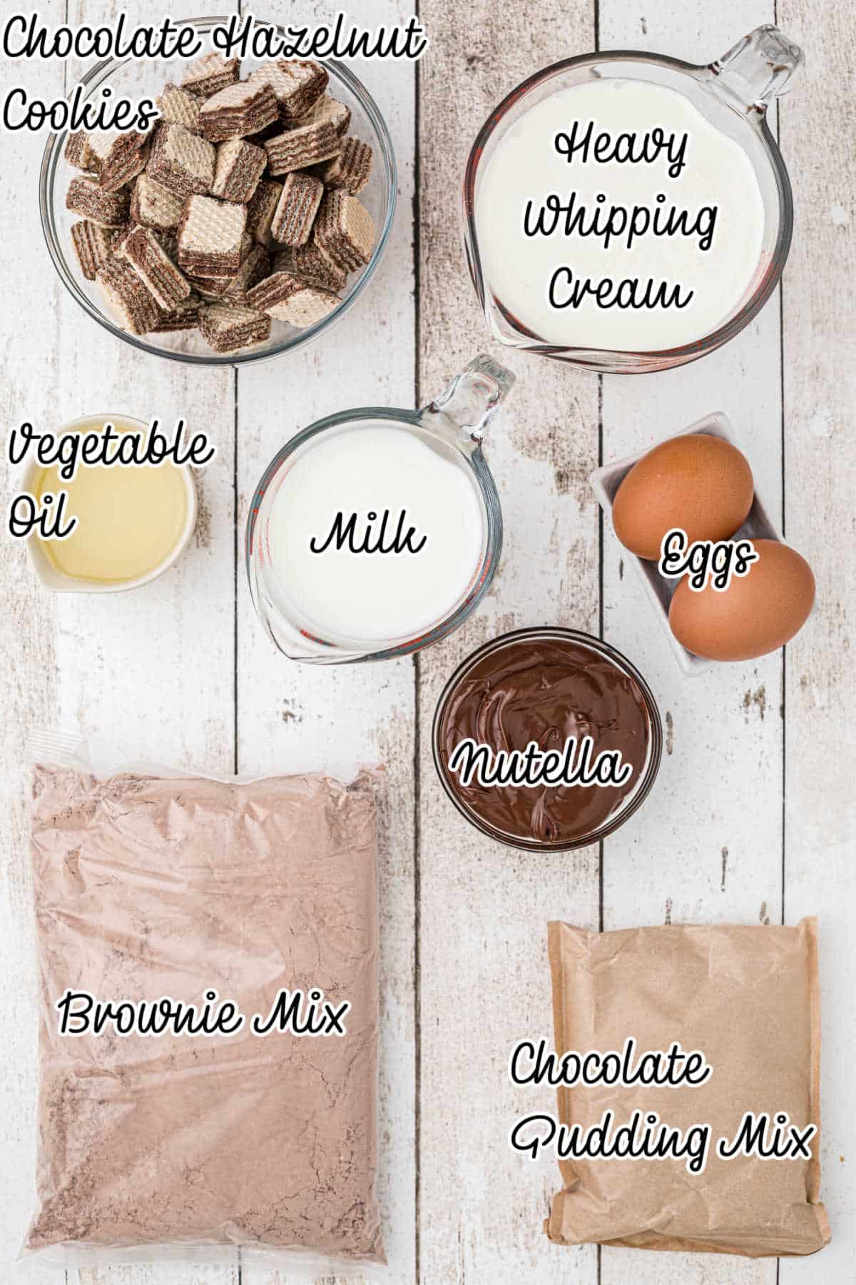 Overhead shot of ingredients needed to make a nutella trifle.