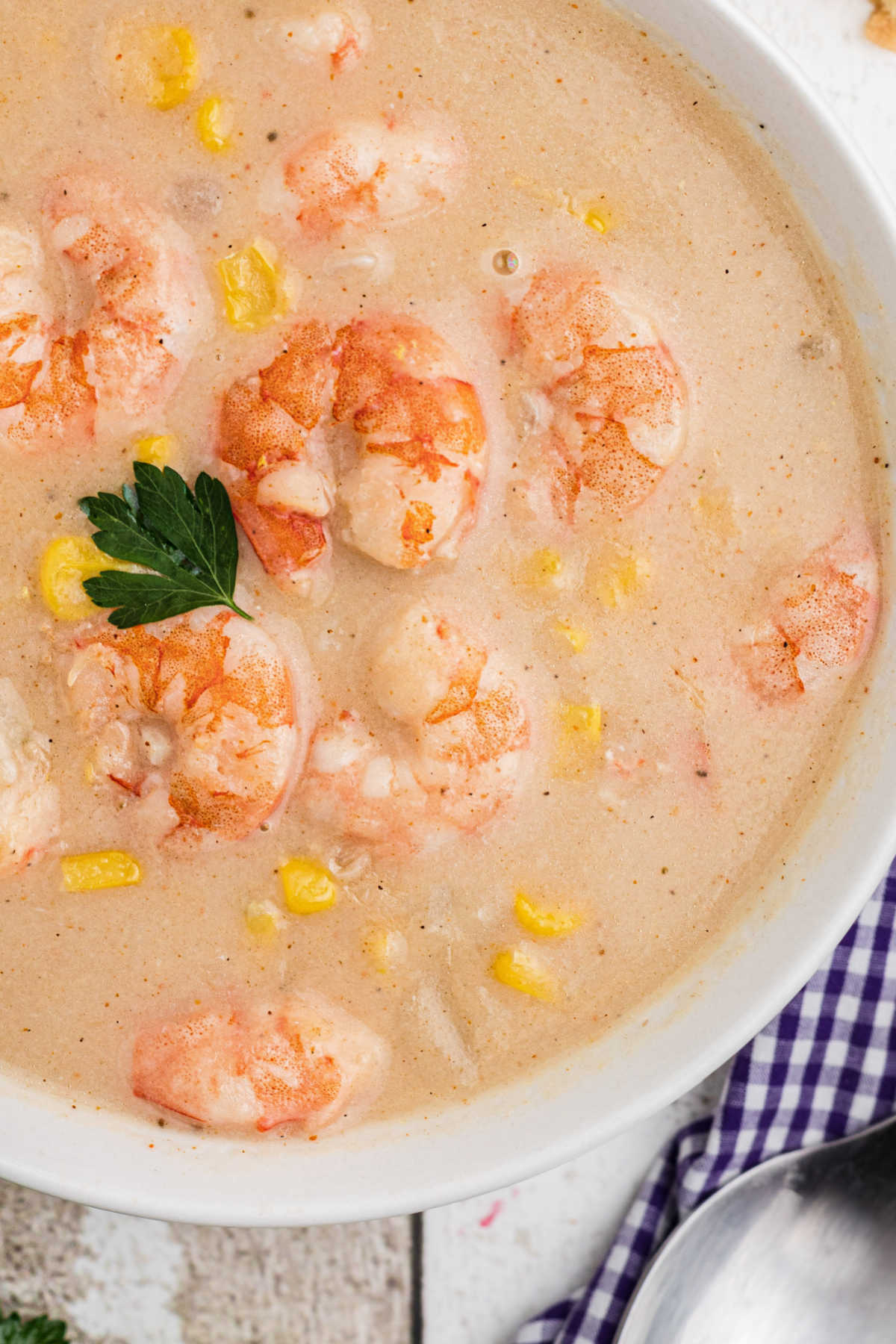 close up of the edge of a bowl of shrimp and corn bisque.