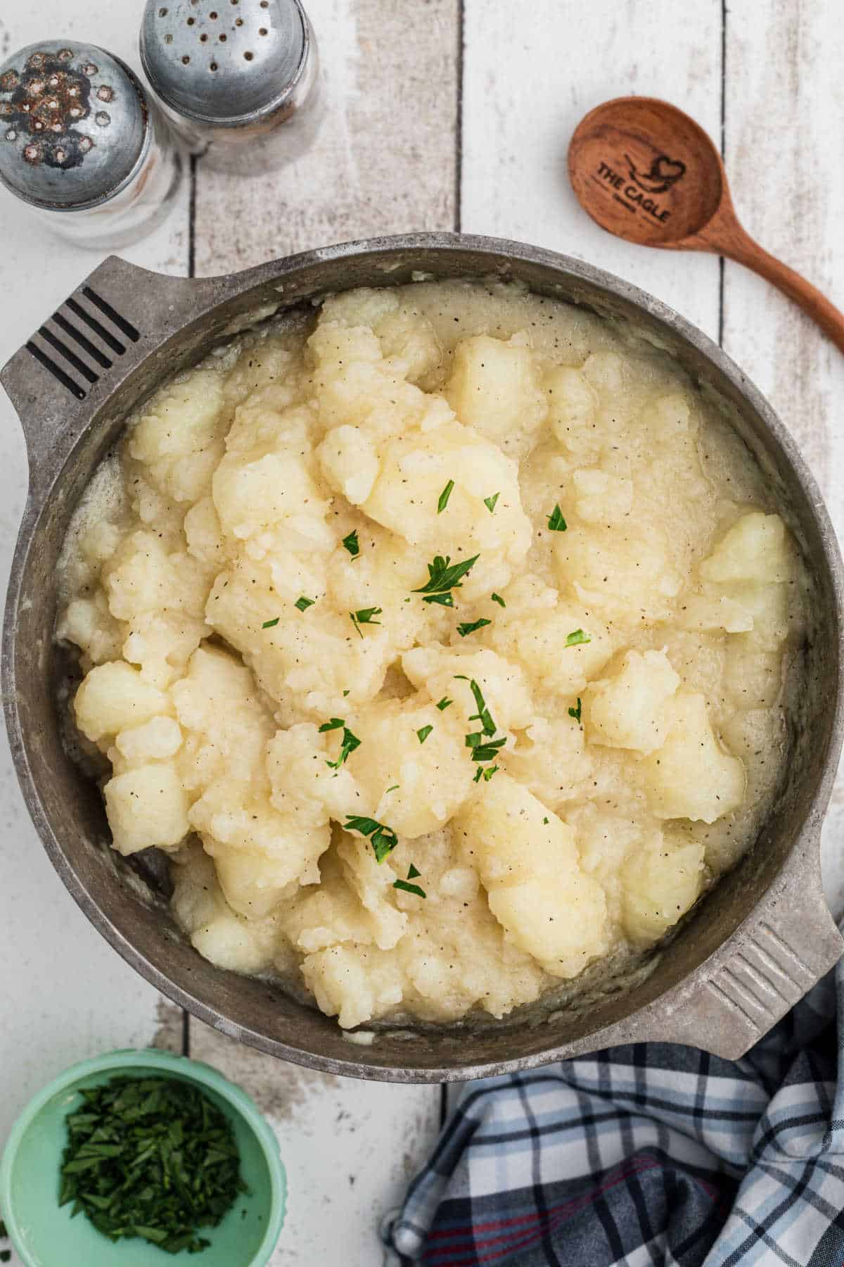 Overhead shot of a pot of stewed potatoes.