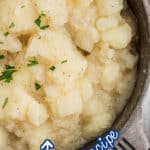A close up of a pot of stewed potatoes with text overlay for pinterest.