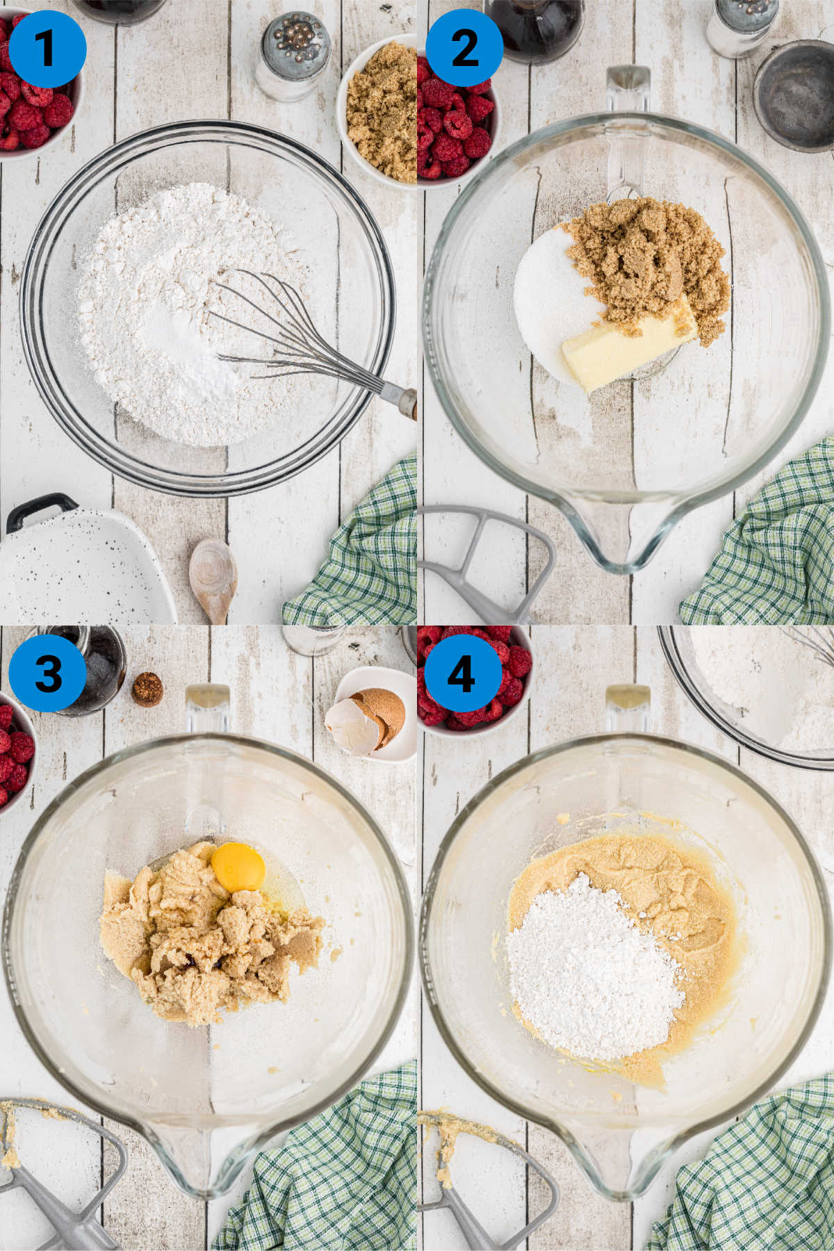 A collage of four images showing how to make white chocolate raspberry cookies - recipe steps 1-4.