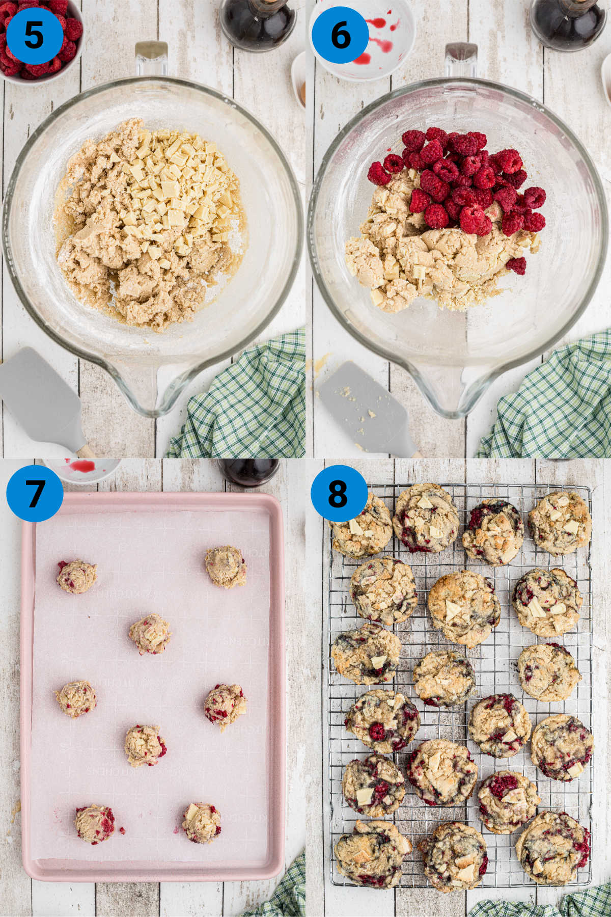 A collage of four images showing how to make white chocolate raspberry cookies - this is recipe steps 5-8.
