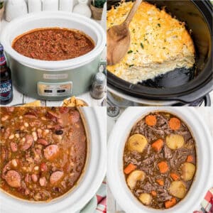 A collage of four images showing awesome tailgate crockpot recipes, from a chili to a roast and some beans.