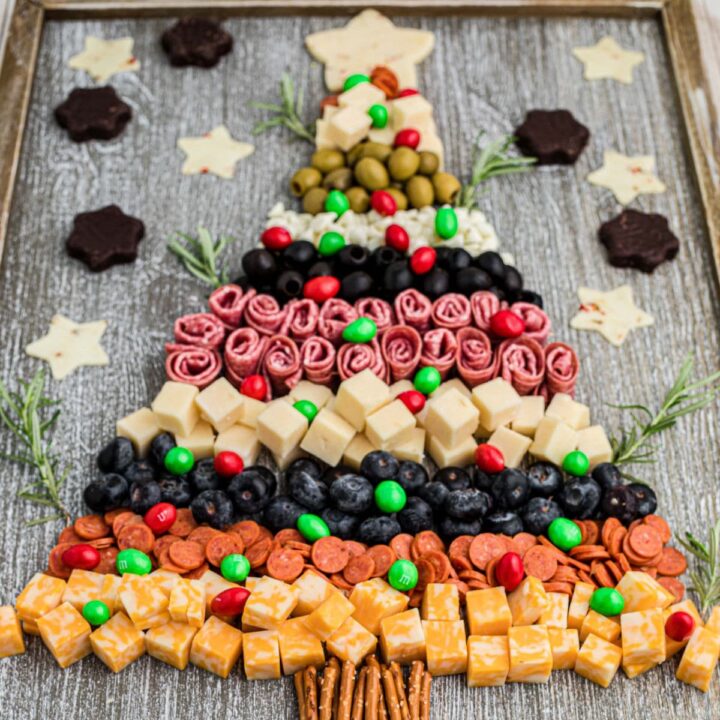 45 degree shot of a Christmas tree charcuterie board.