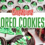 Two images in a long collage of christmas oreo cookies.