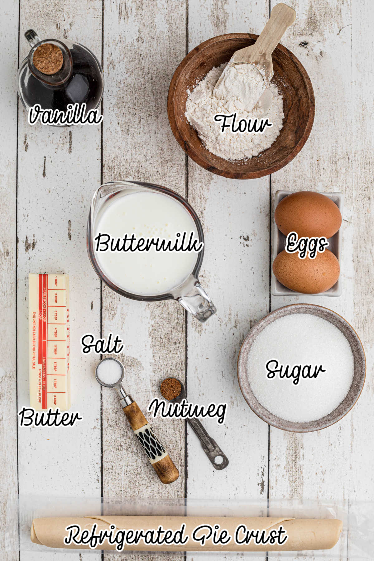 Ingredients needed to make a copycat cracker barrel buttermilk pie recipe, with text overlay.