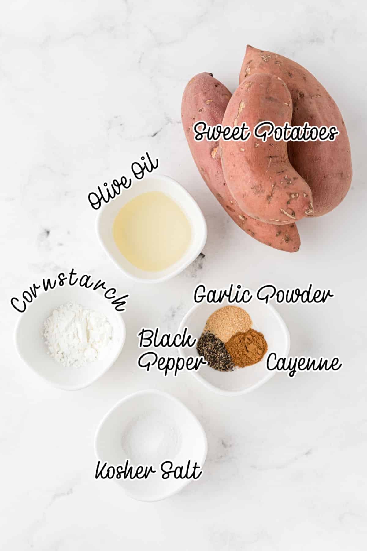 Ingredients needed to make crispy sweet potatoes.