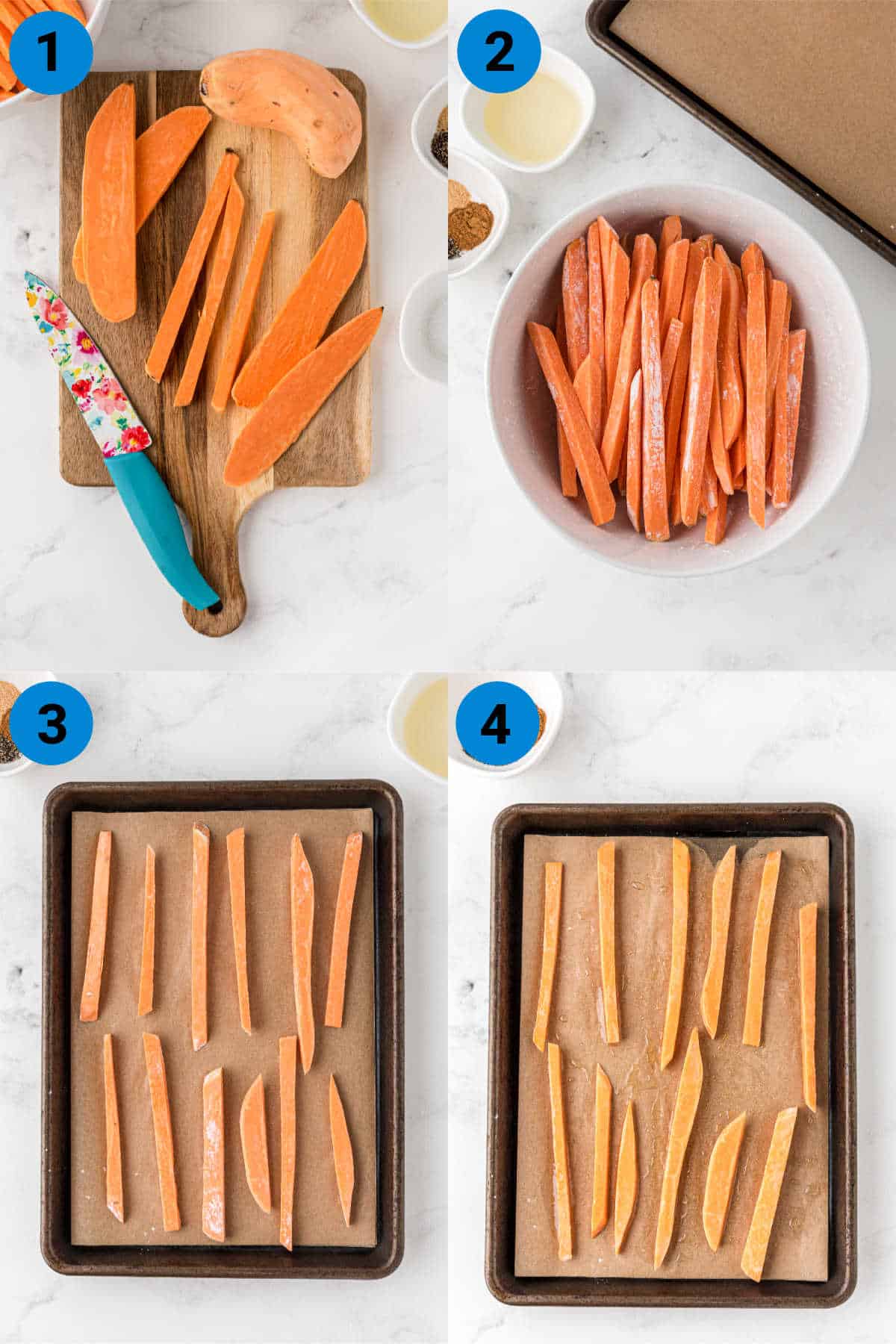 Collage of four images showing how to make crispy sweet potatoes.