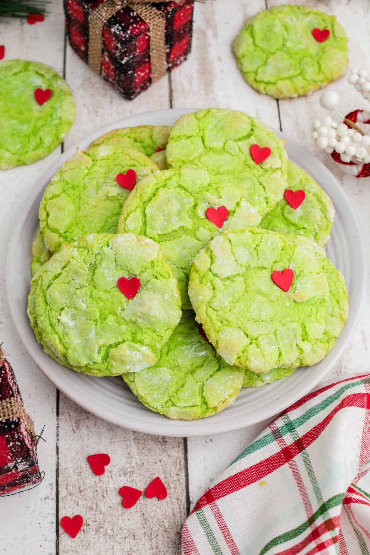 Plate filled with Grinch Cookies with Cake Mix.