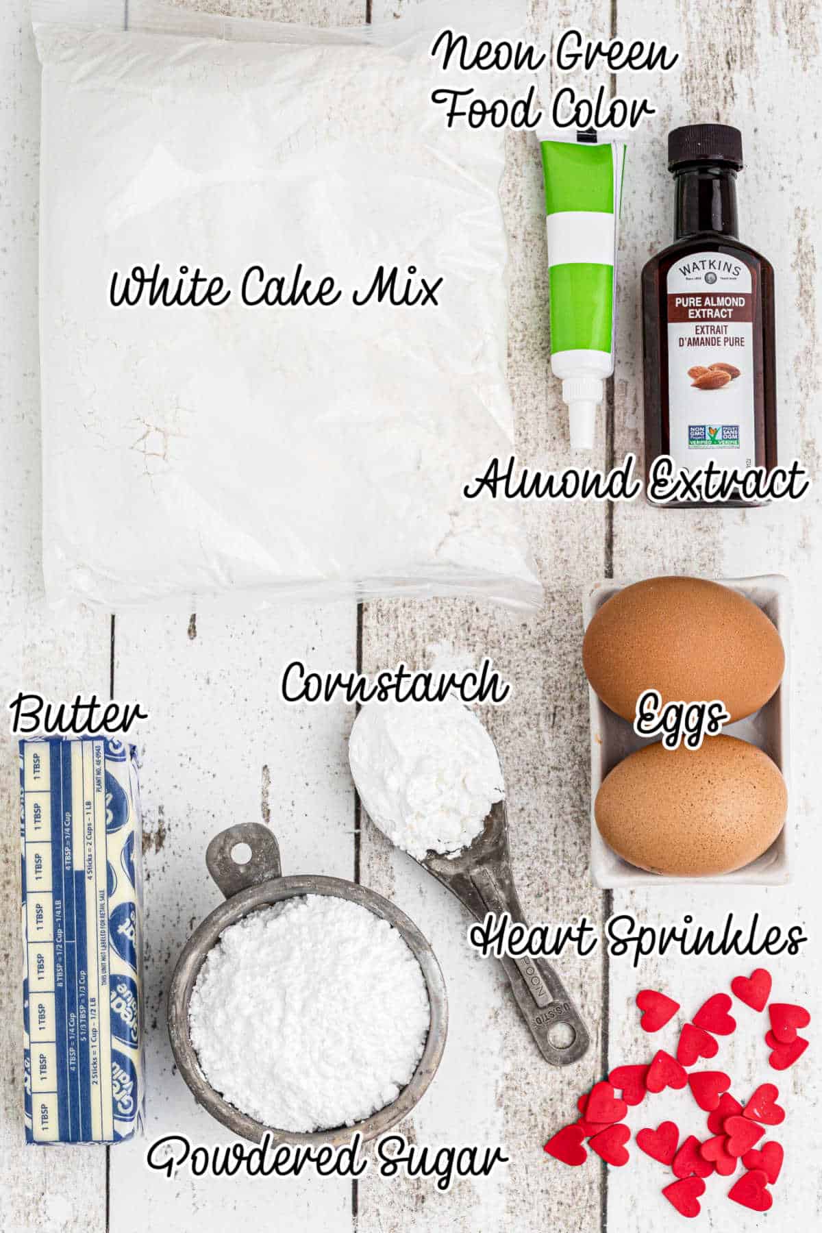 Ingredients laid out showing what is needed to make Grinch cookies with cake mix.