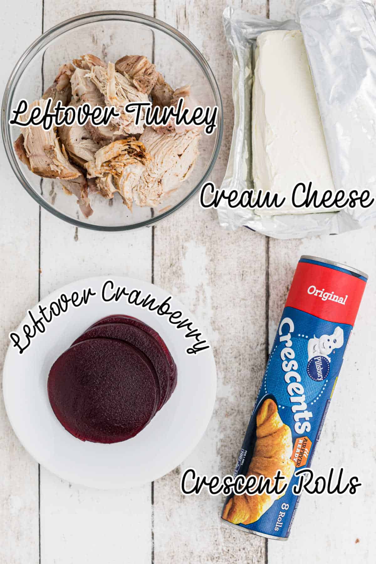 Ingredients laid out showing how to make leftover turkey roll ups with text overlay.