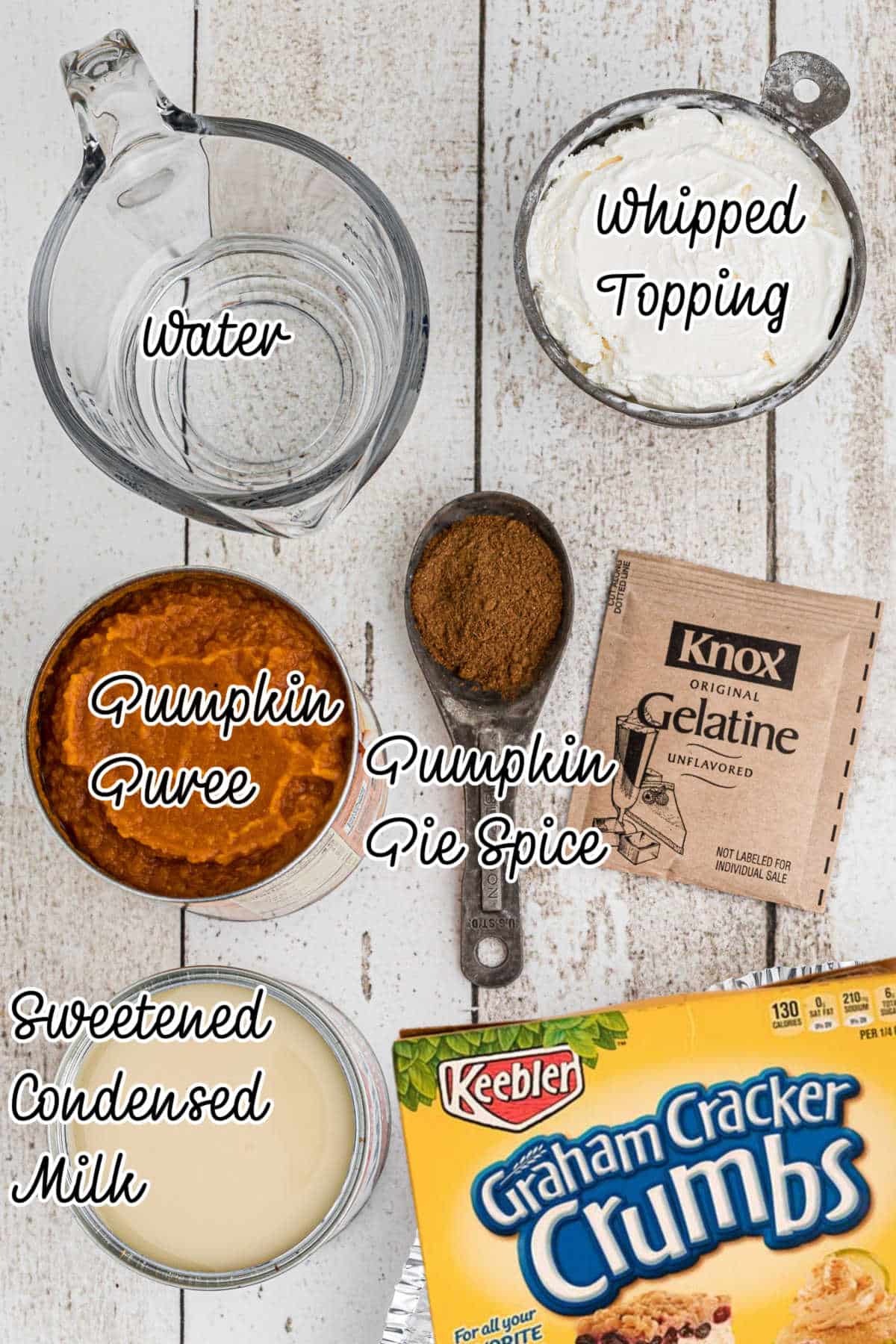 No bake mini pumpkin pies ingredients all laid out with text overlay.