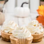 A picture of three no bake mini pumpkin pies with text overlay for pinterest.