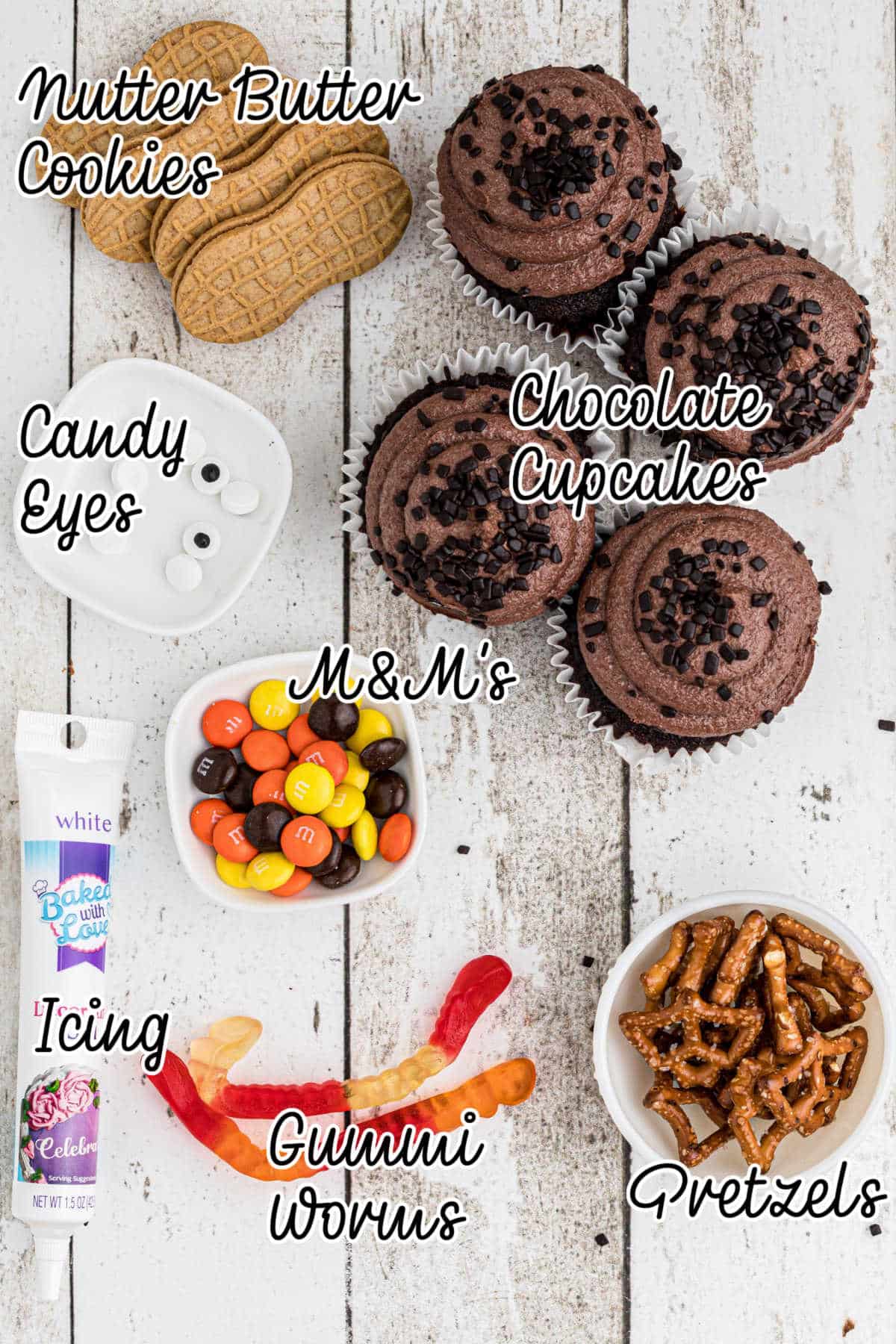 Ingredients needed to make nutter butter turkey cupcakes.