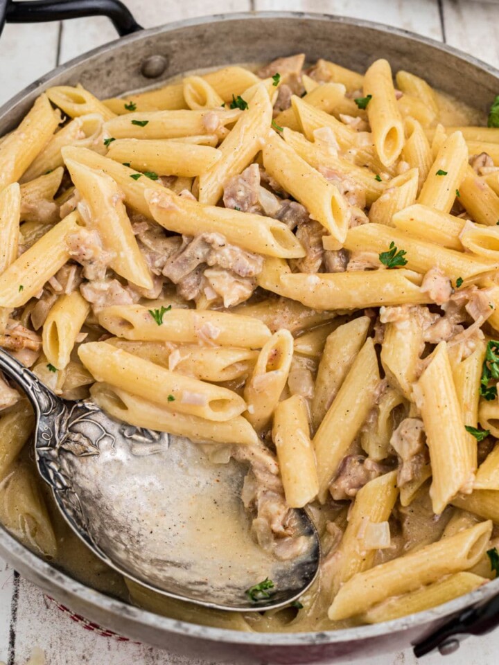 A close up picture of a one pot turkey pasta in a skillet with a spoon.