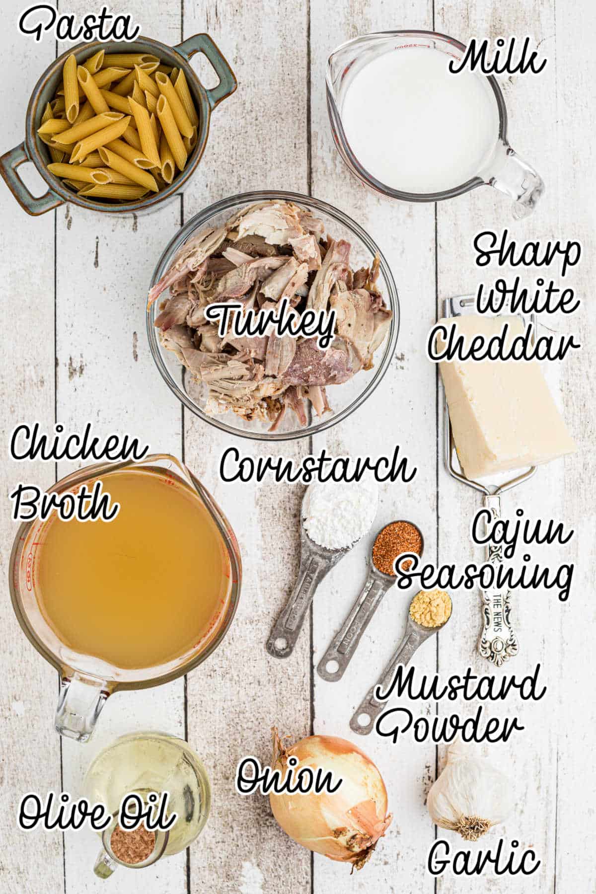 Ingredients laid out, what is needed to make a one pot turkey pasta.