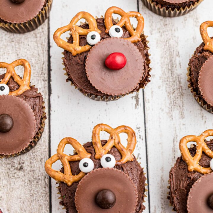 Reindeer cupcakes with Rudolph obviously made using a red M&M instead of the other brown noses.