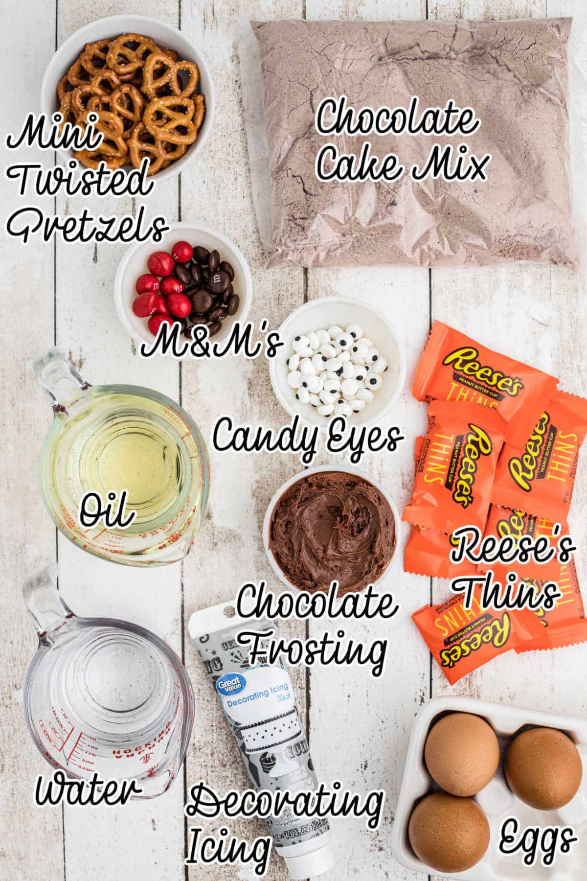 Overhead shot of ingredients that would be needed to make Reindeer cupcakes with text overlay.