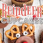 Long image with a close up shot of a reindeer cupcake with text overlay for pinterest.