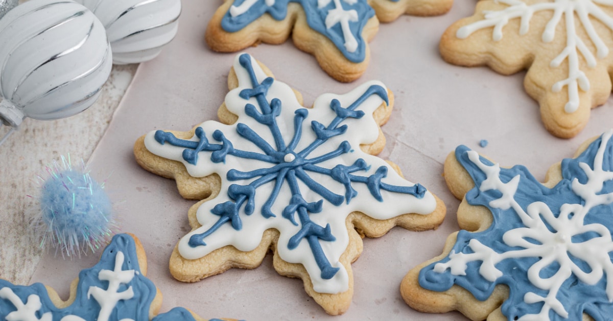 Close up of a snowflake cookie.