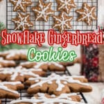 Collage of two images showing snowflake Gingerbread cookies with text overlay for pinterest.