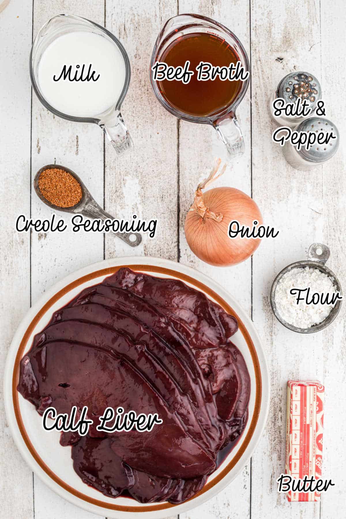 Ingredients needed to make a southern liver and onions with gravy recipe.