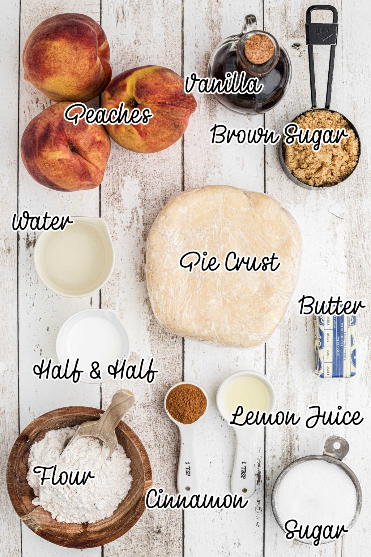 Ingredients needed to make a southern peach cobbler with pie crust.