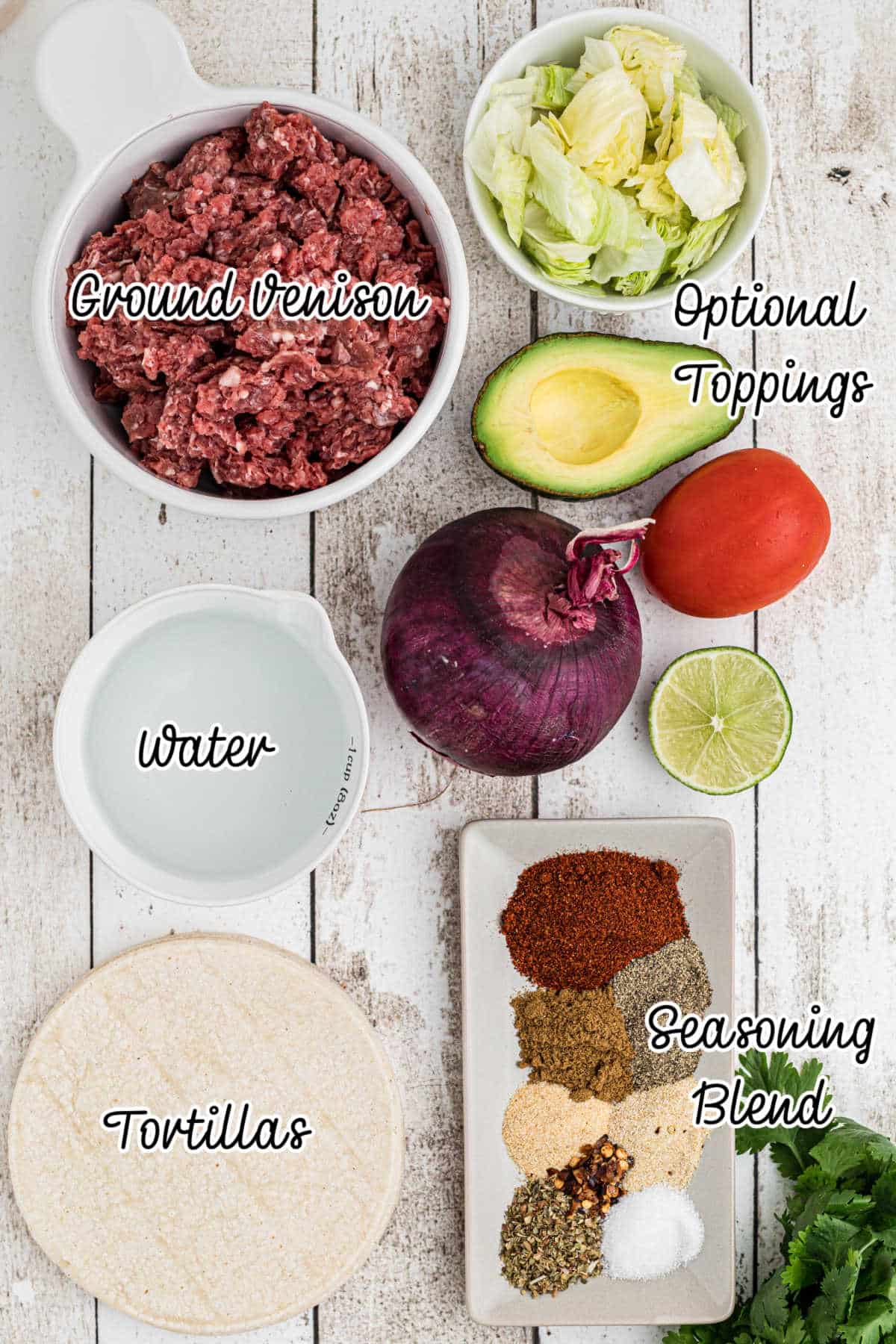 Ingredients needed for a venison taco recipe.