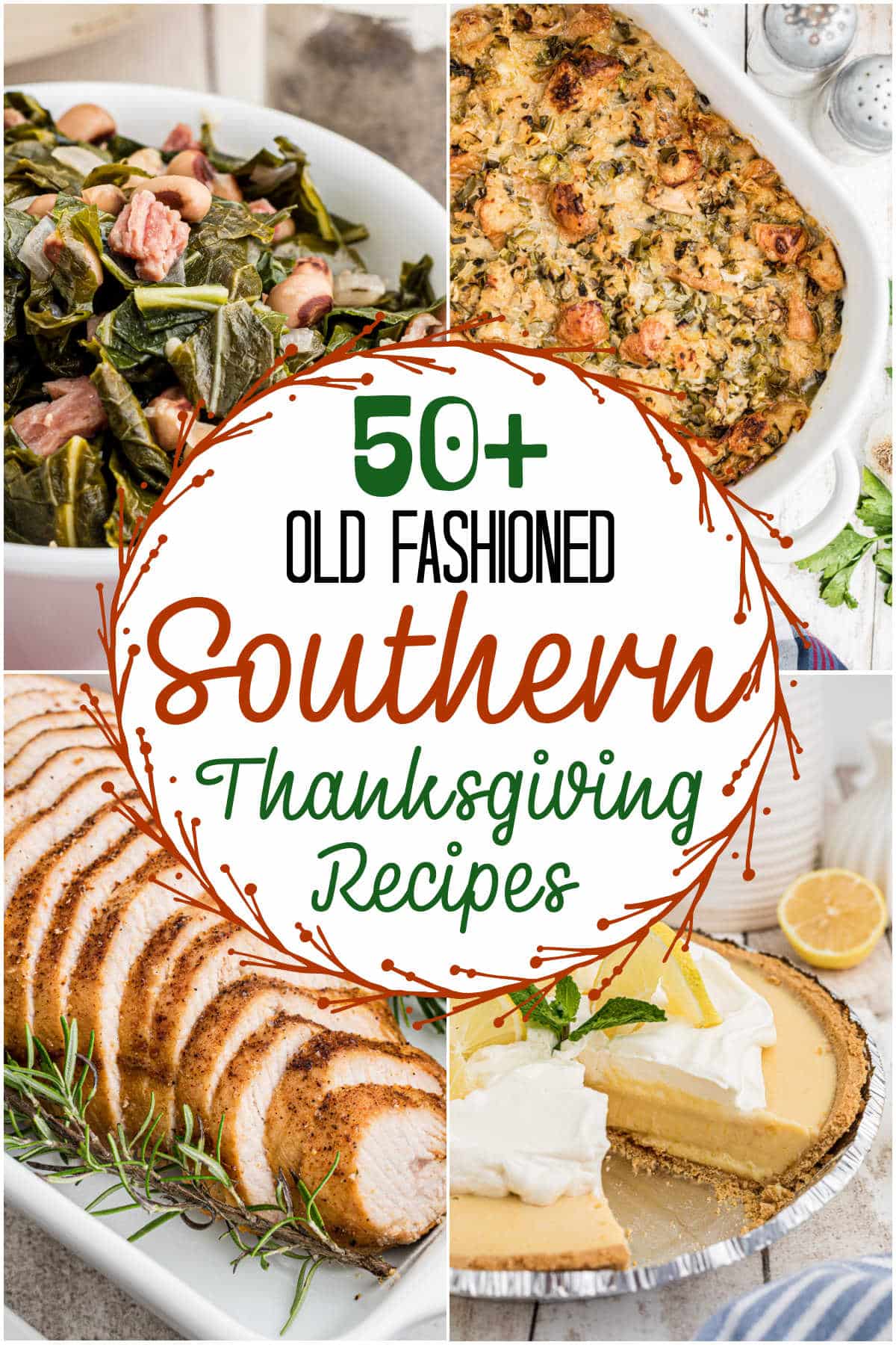 A collage of four images showing southern thanksgiving recipes.