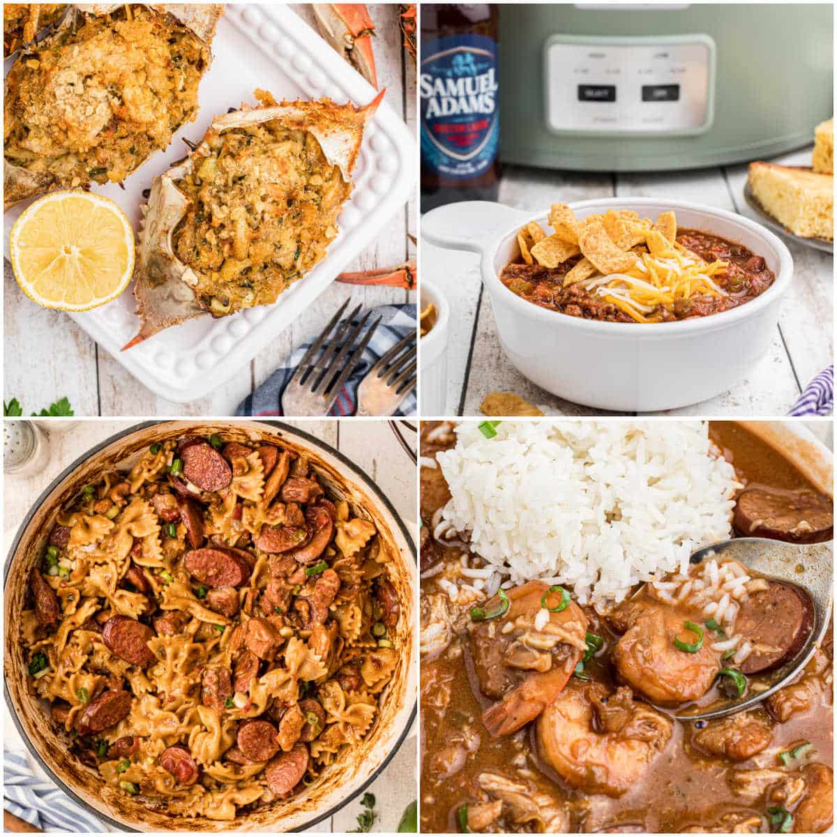 A collage of four cajun holy trinity recipes, like chili, pastalaya, crabs.