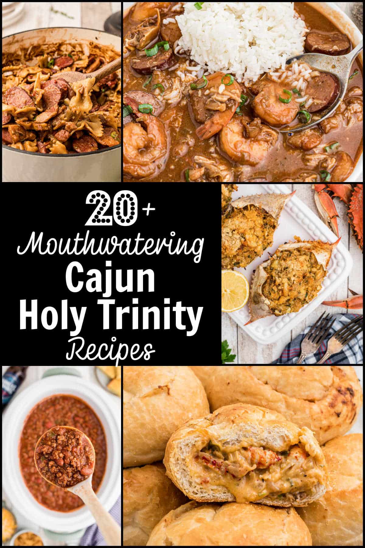 A collage of five Cajun holy trinity recipes with text overlay.