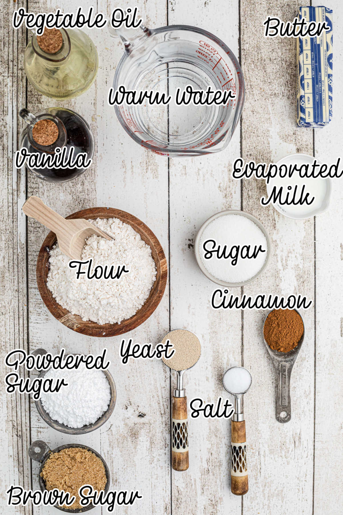 Ingredients needed to make Amish Cinnamon Rolls, with text overlay.