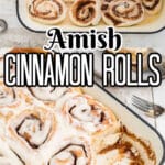 Long image with two pictures of cinnamon rolls, with text overlay for pinterest.