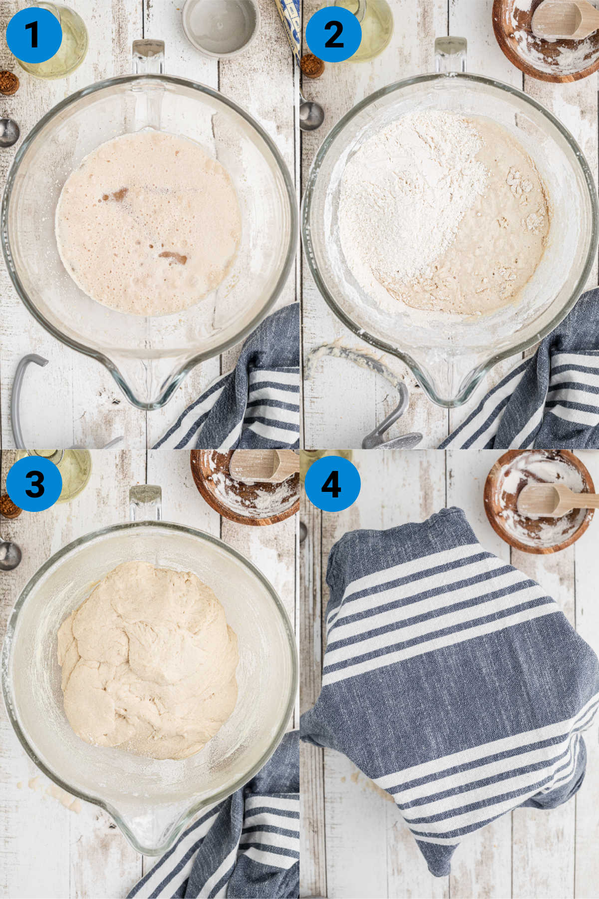 A collage of four images showing how to make Amish Cinnamon rolls, steps 1-4.