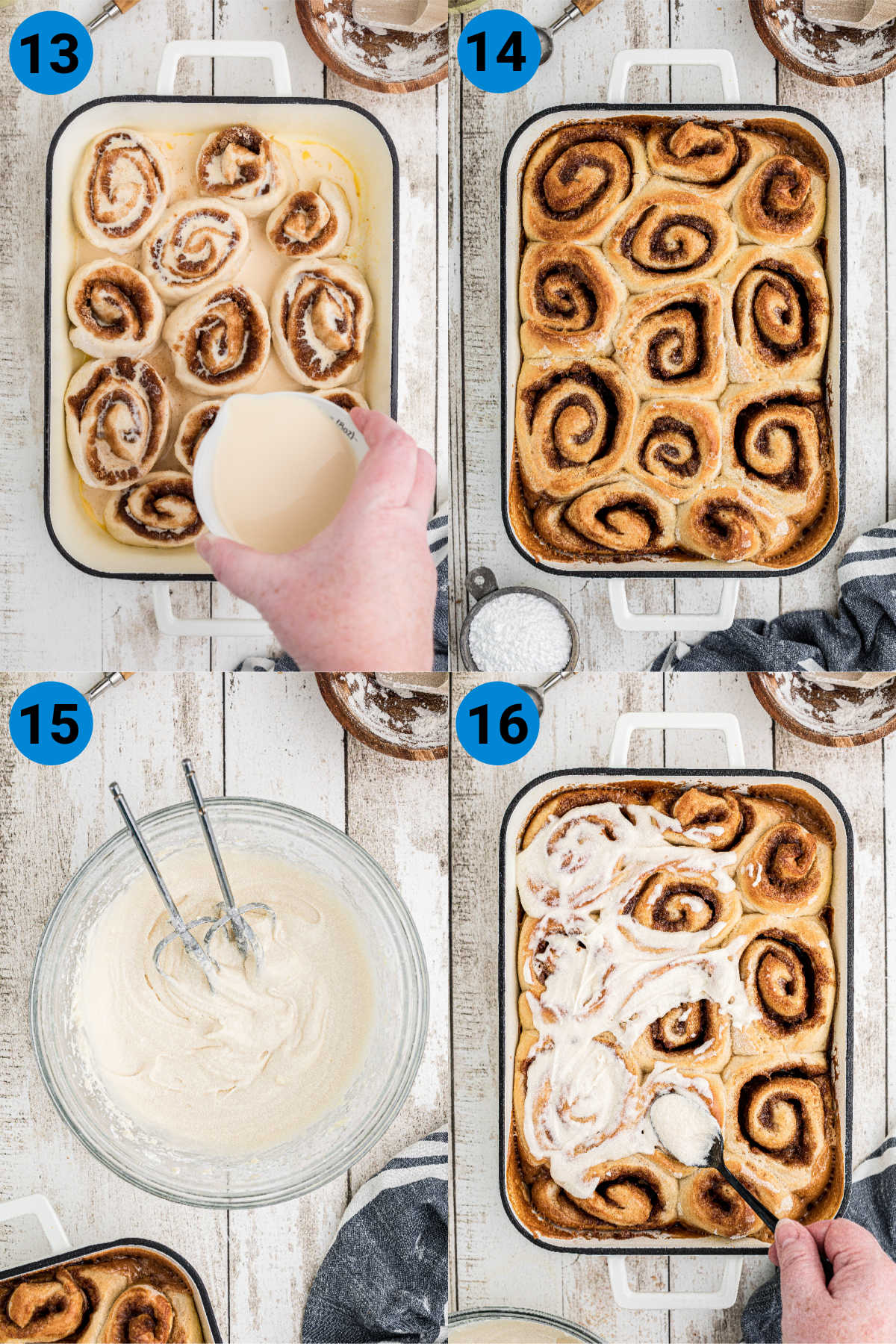 A collage of four images showing how to make Amish Cinnamon rolls, steps 13-16