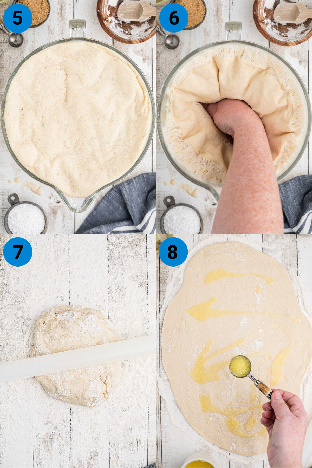 A collage of four images showing how to make Amish Cinnamon rolls, steps 5-8.
