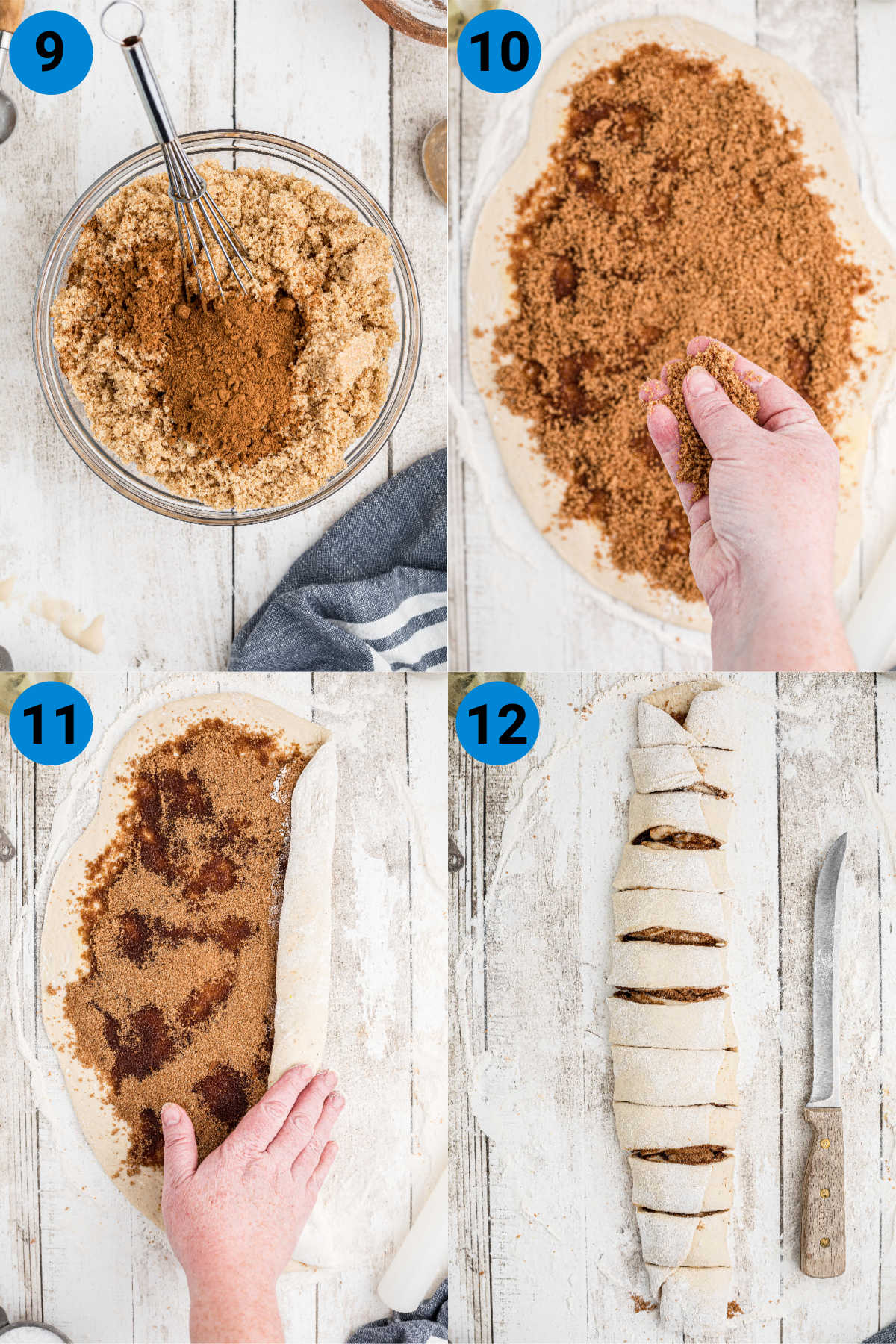 A collage of four images showing how to make Amish Cinnamon rolls, steps 9-12.