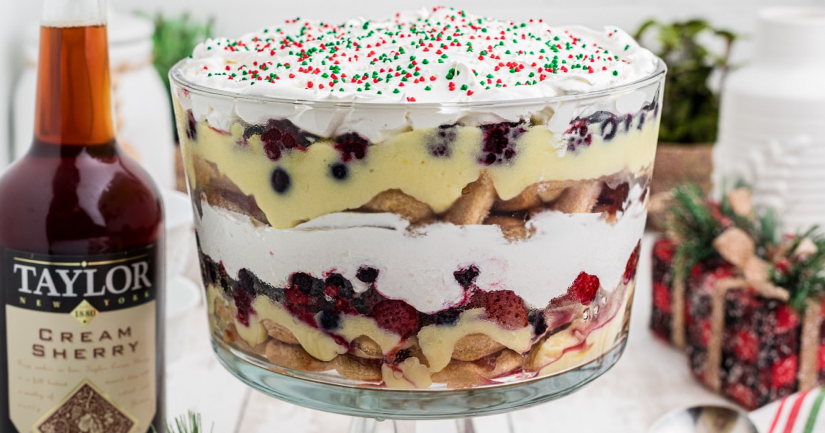 Close up of a trifle dish filled with boozy christmas trifle.