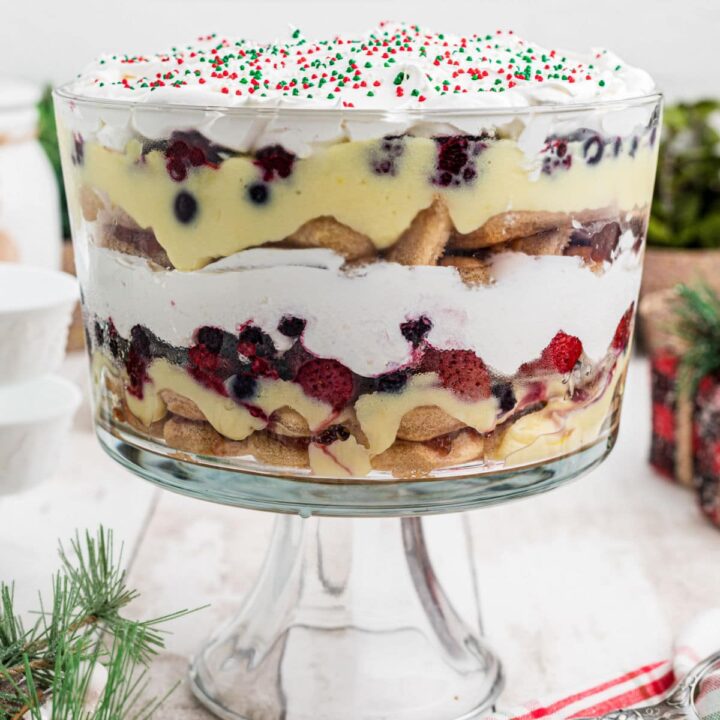 A cropped square image of a boozy Christmas Trifle.