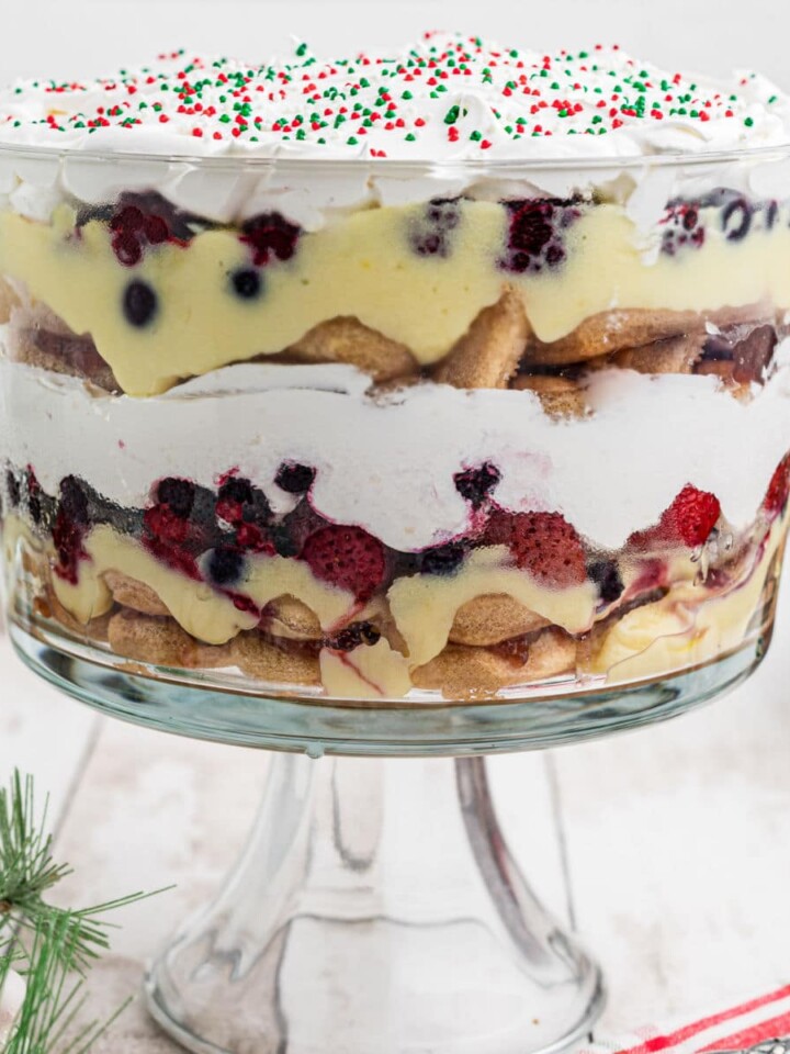 A cropped square image of a boozy Christmas Trifle.