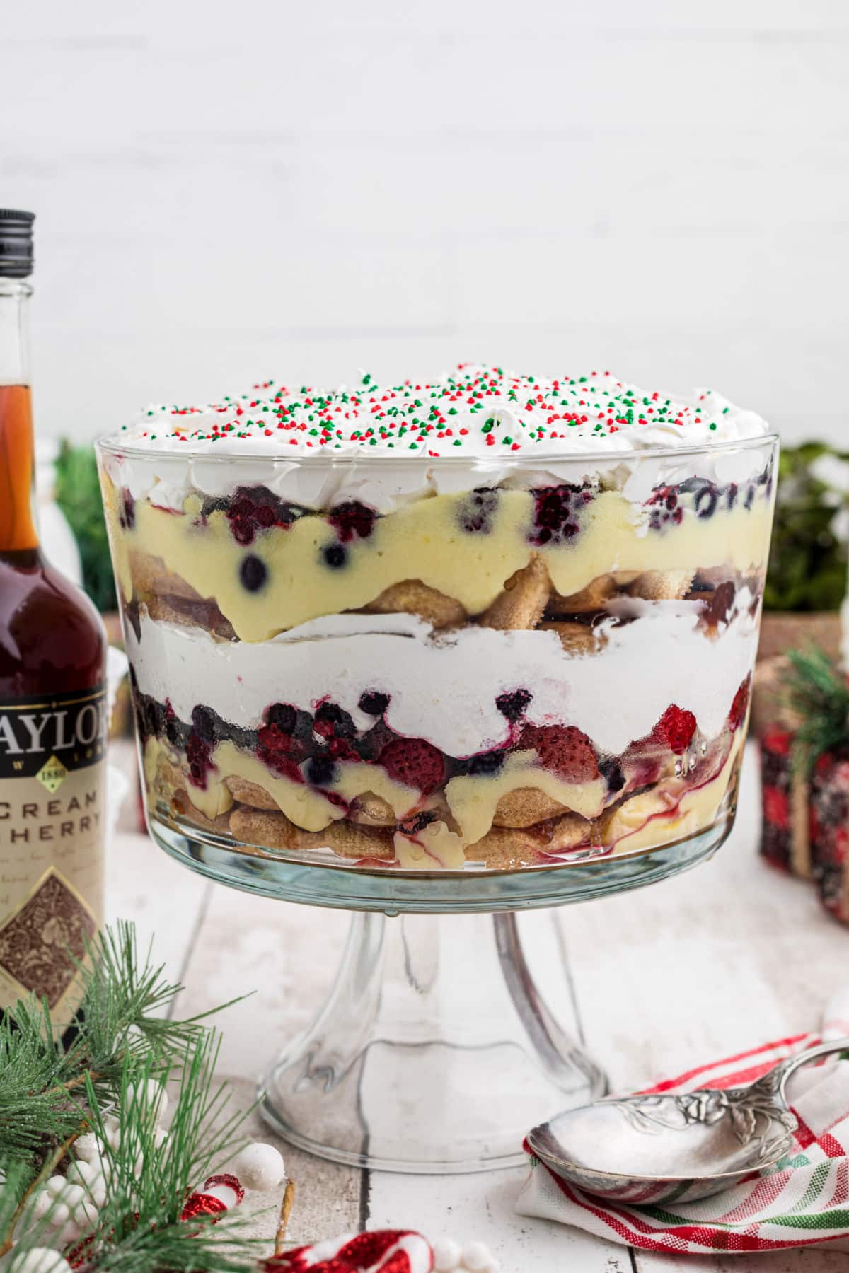 Side angle shot of a Boozy Christmas Trifle.